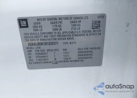 2013 Chevrolet Equinox Ls из США, поврежденный, VIN 2GNALBEK1D1229371